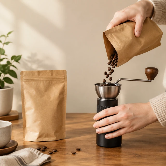 Plain kraft coffee pouch beside a hand grinder as adult hands pour beans into the grinder.