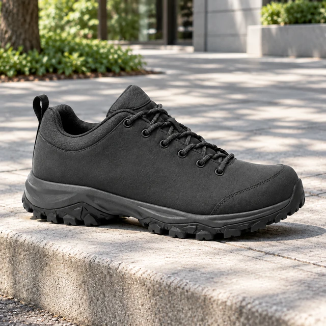 A plain charcoal hiking shoe on a broad city sidewalk curb in dappled morning light.