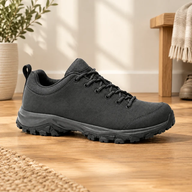 A plain charcoal hiking shoe on a warm oak entryway floor beside a blank cream wall.