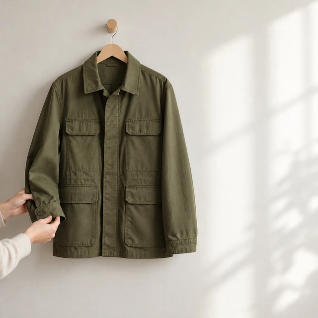 Plain olive utility jacket on a wooden peg as an adult hand adjusts the cuff.