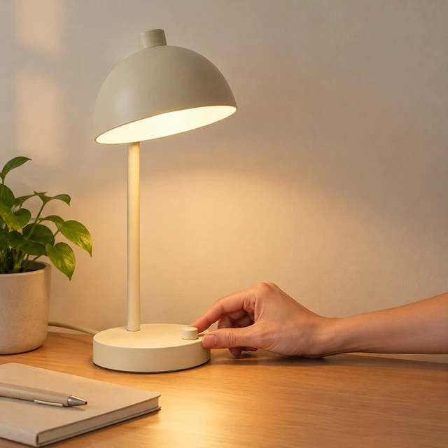 Plain matte cream desk lamp as an adult hand turns its switch beside a notebook.
