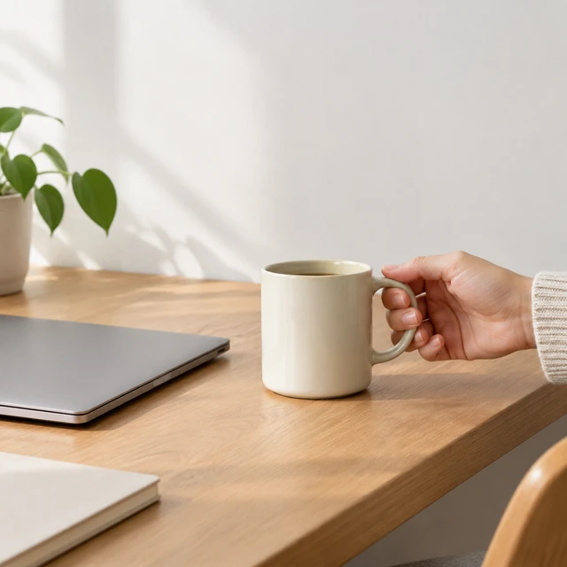 Plain cream ceramic mug beside a closed laptop on an oak desk as an adult hand lifts it.