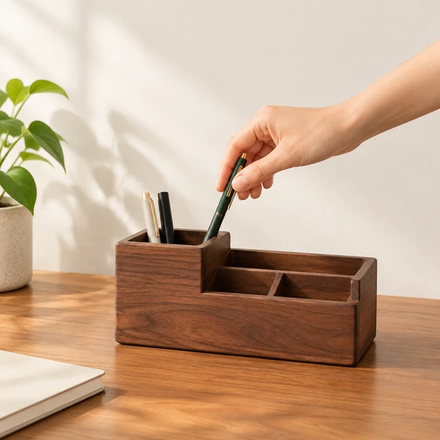 Plain walnut desk organizer as an adult hand places a pen inside.