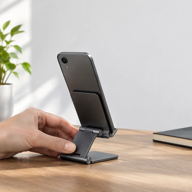 Unbranded folding graphite phone stand holding a plain phone with one small circular camera opening.