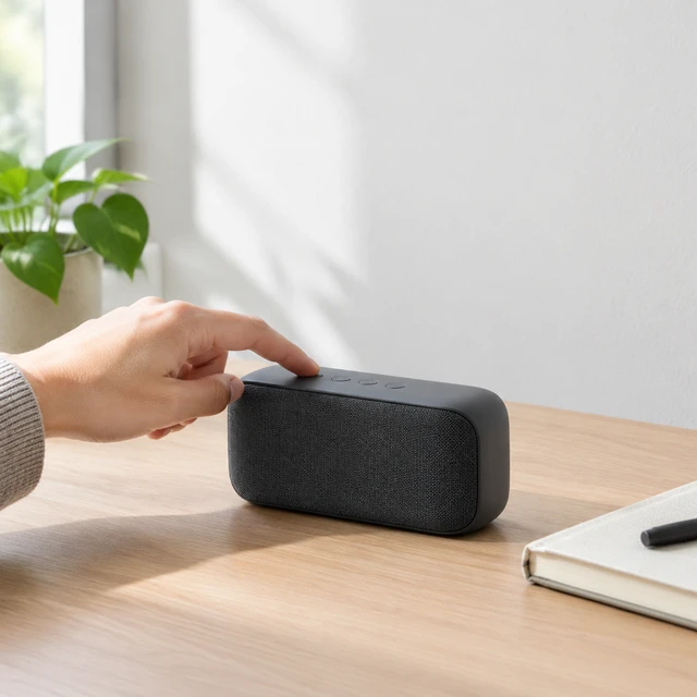 Compact unbranded rounded graphite speaker on a tidy desk as an adult hand presses one button.