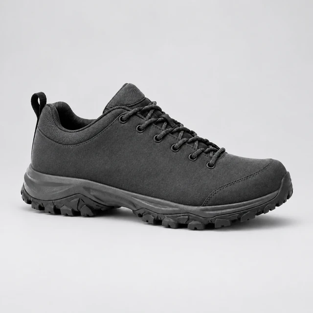 A plain charcoal hiking shoe on a seamless pale gray studio sweep with a soft shadow.