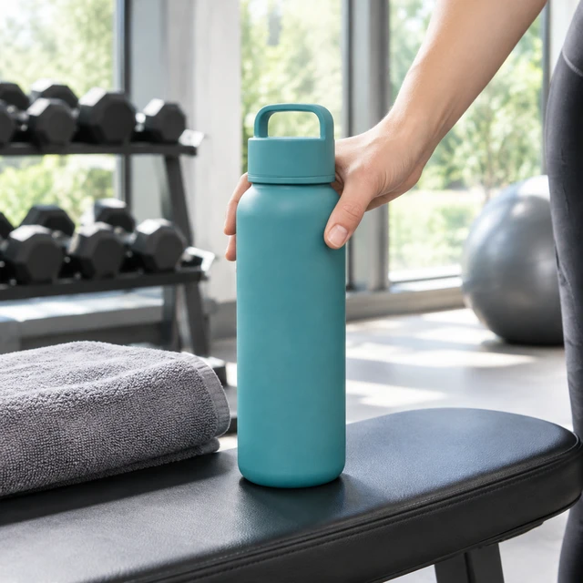 You post it in a second place: an adult hand sets a plain matte teal bottle on a clean gym bench beside a folded towel.