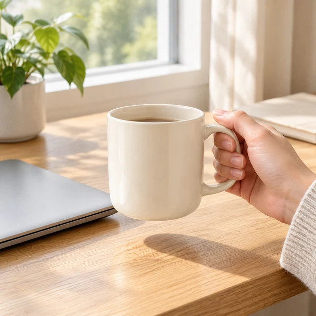 You leave room for the offer: an adult hand lifts a plain cream ceramic mug by a closed laptop on an oak desk.
