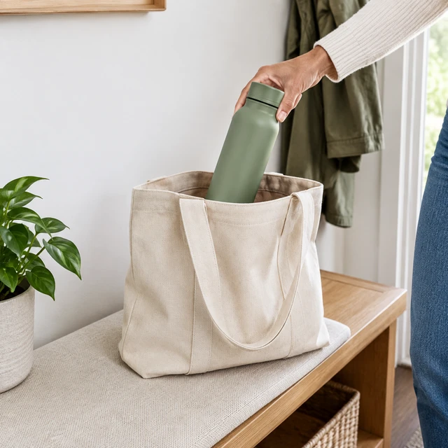 You post the commute, no shoot: an adult hand places a plain sage insulated bottle into an unbranded canvas tote on an entryway bench.