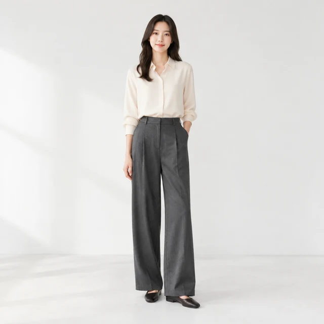 Adult model in a plain cream blouse and charcoal trousers, full outfit visible in a neutral studio.