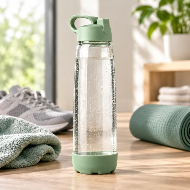 Sage-lidded reusable water bottle with a light curl of condensation in a calm after-workout home setting.