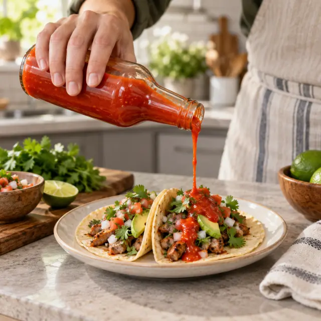 Hand pours unbranded red sauce from a glass bottle over tacos.