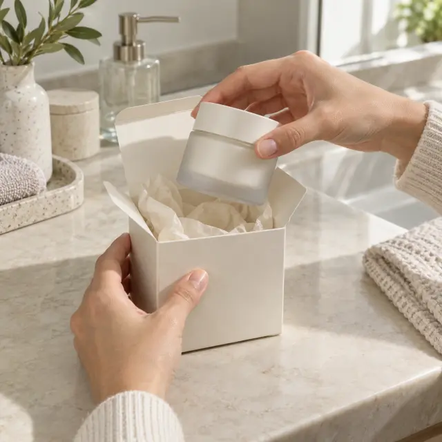 Hands lift an unbranded moisturizer jar from its open skincare carton.