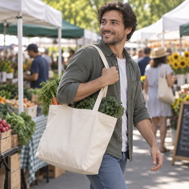 Adult shopper carries a cream canvas tote filled with produce through a market.
