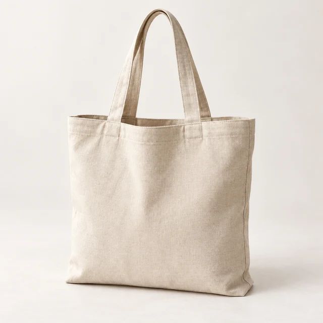 Plain cream canvas tote upright on a pale neutral surface, both handles visible.