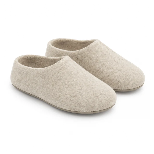 Pair of oatmeal felt house slippers on seamless white, with both slippers fully in frame.
