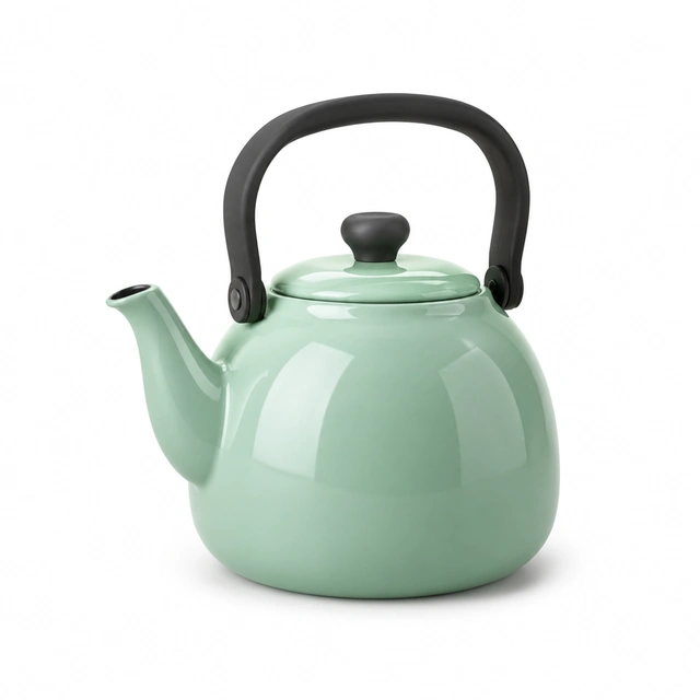 Sea-glass green kettle shown alone on seamless white.
