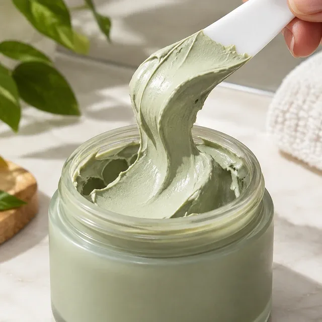 On a marble bathroom counter she opens a green clay-mask jar and paints it on for her Sunday reset.