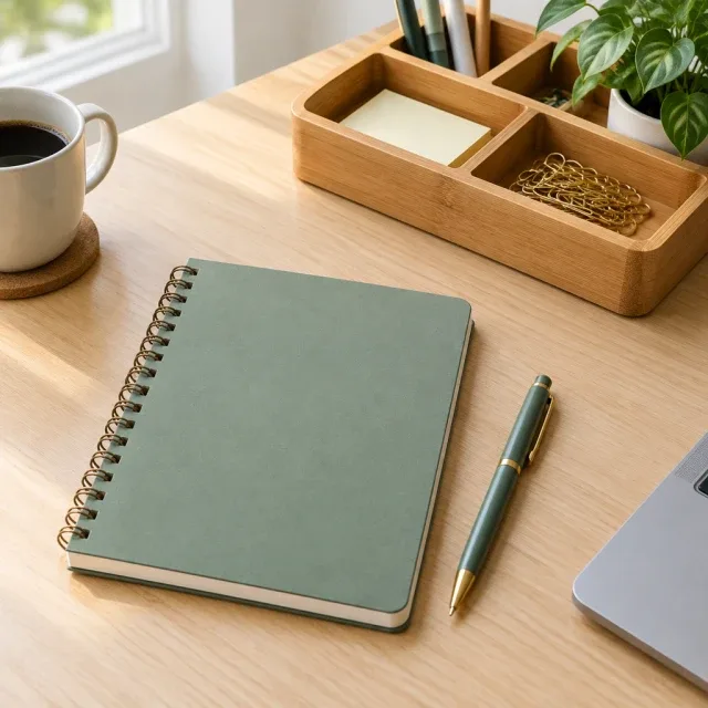 At a wooden desk she pairs a green notebook with its pen and shows the layout she uses to plan her week.