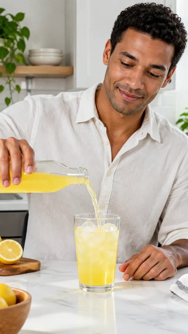 He drops ice into a tall glass, pours a citrus drink mix over it and swaps his afternoon soda for good.