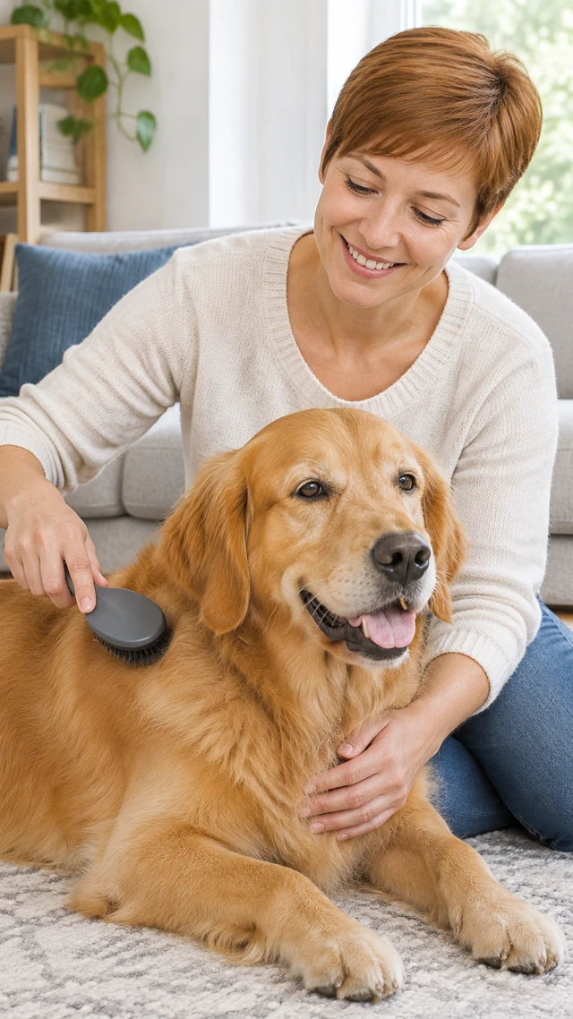 Adult woman with short light-auburn hair brushes a calm golden retriever with a plain pet brush.