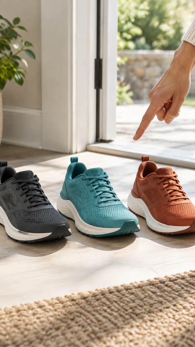 Three unbranded running shoes in charcoal, teal and rust are lined up beside a doorway.