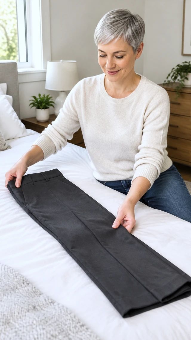 Adult woman with short silver hair folds plain charcoal trousers on a bright bed.