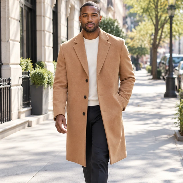 Adult Black man with close-cropped hair wearing a plain camel wool coat on a sunny city sidewalk.
