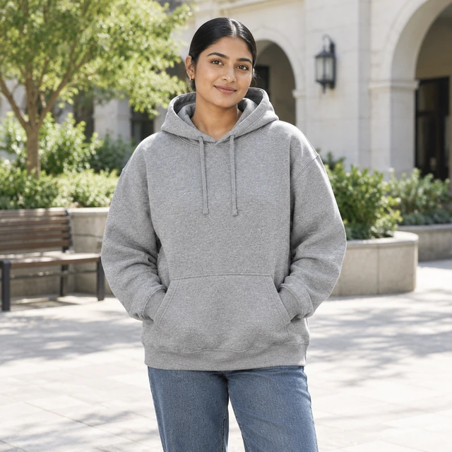 An adult woman with a tight low bun wears a heather-gray hoodie in a bright courtyard.