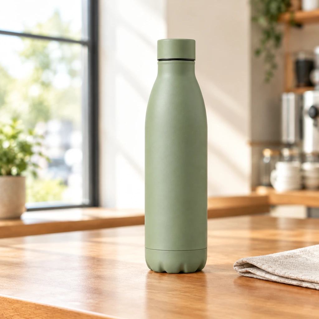 The same matte sage-green insulated bottle standing on a warm wood cafe counter.
