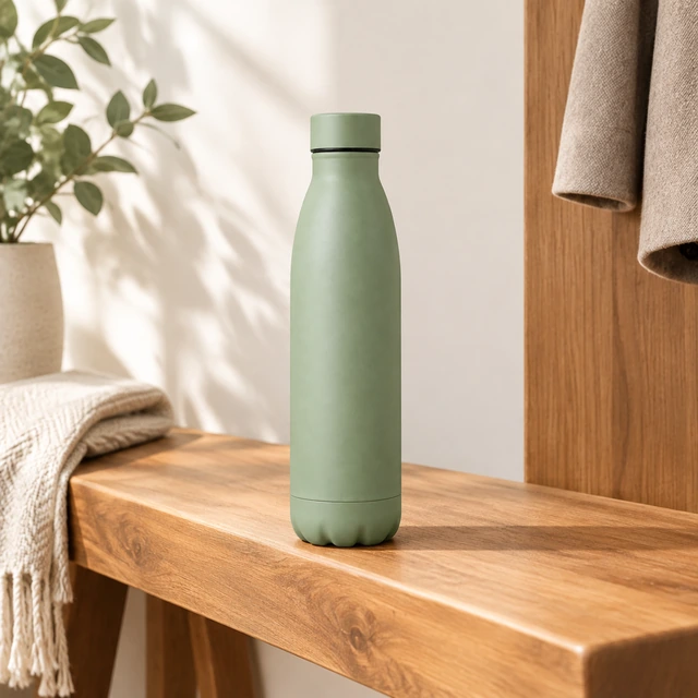 The same matte sage-green insulated bottle standing on a warm wood entryway bench.