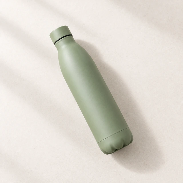 The same matte sage-green insulated bottle lying at an angle on a pale studio tabletop.