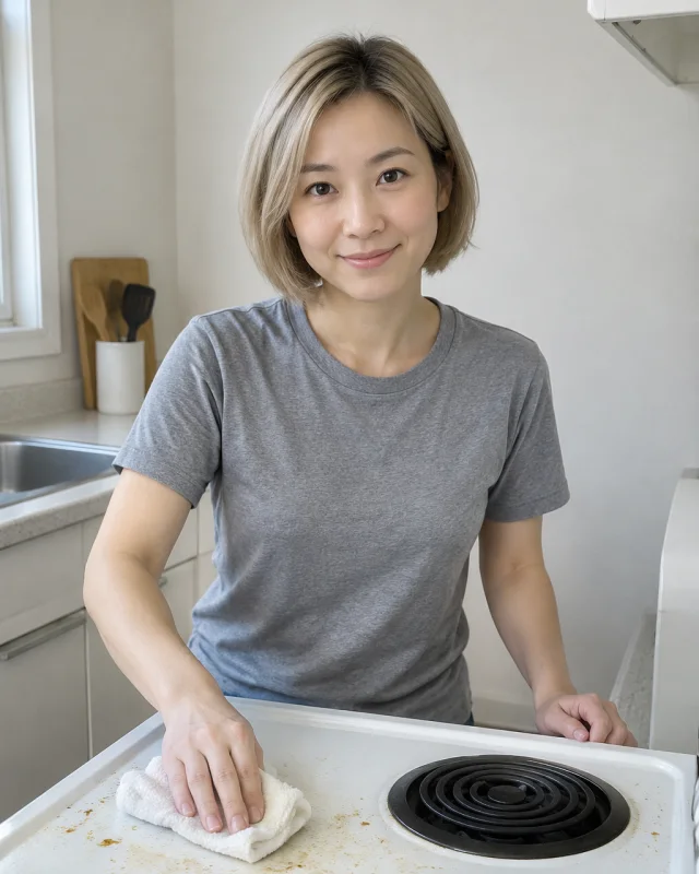 A woman with a short ash-blonde bob wipes grease on a white coil stovetop in a small kitchen.