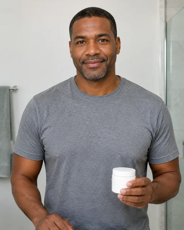 A man with a short crop holds a plain white screw-lid cream jar in a bathroom.