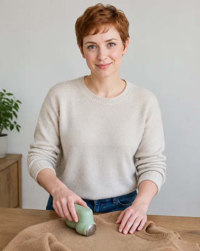 A woman with a short copper pixie runs a sage fabric shaver over a camel knit sweater.
