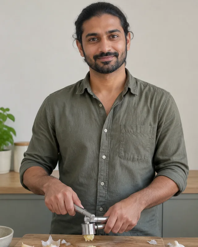 A man with hair tied in a bun presses garlic on a wood board with a stainless press.