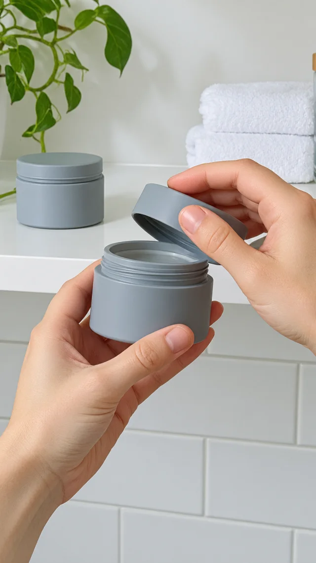 Two hands unscrew a plain gray jar in front of a bathroom shelf that holds a second gray jar.