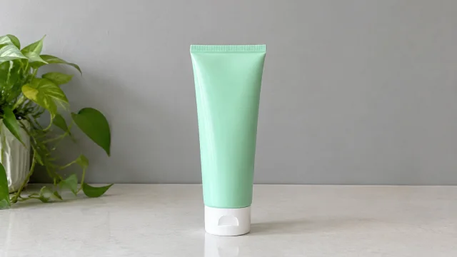 Mint cleanser tube on a pale counter, leafy plant at the left, quiet gray wall behind.