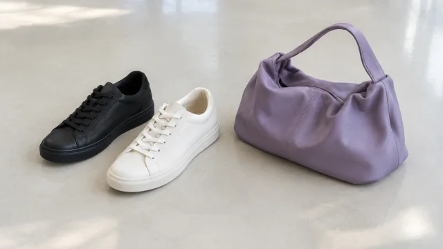 Black sneaker and white sneaker beside a purple handbag on a pale floor.
