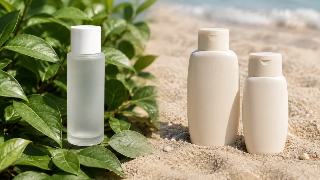 Frosted serum bottle among green leaves, and two cream sunscreen bottles standing on sand.