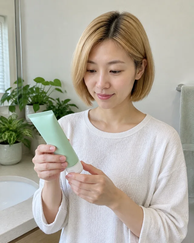 Woman with a short honey-blonde bob holds a mint cleanser tube at a bathroom counter with houseplants.