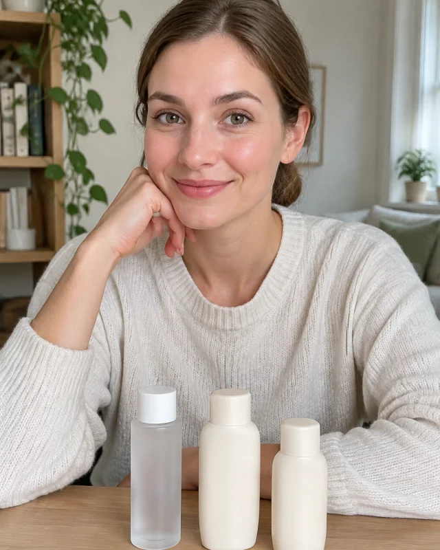 Woman with light brown hair tied back sits at a desk beside a frosted serum bottle and two cream bottles.