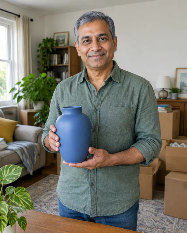 Man with short gray hair holds a matte blue ceramic vase in a living room with moving boxes.