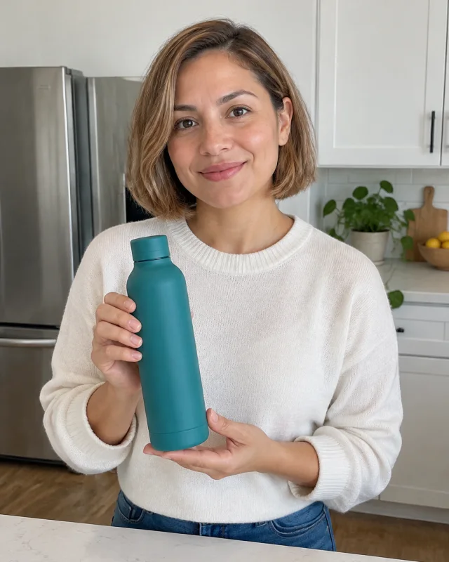 Woman with a short light-brown bob holds a matte teal bottle toward the camera in a kitchen.