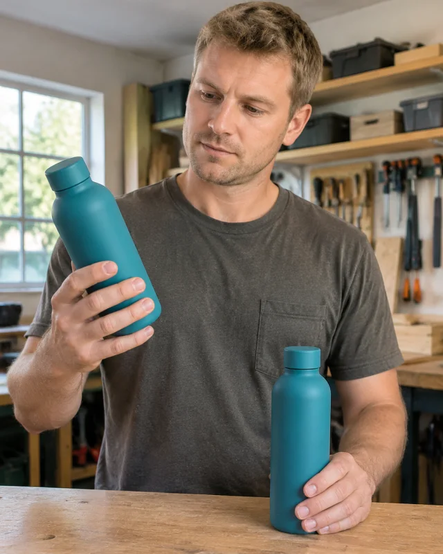 Man with short sandy hair compares two matte teal bottles at a work table.