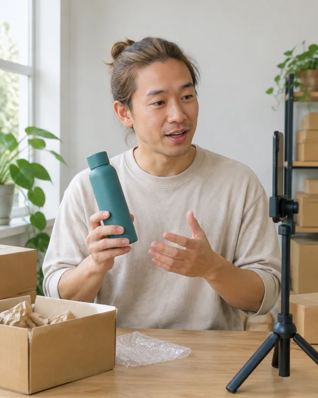 Man with his hair in a bun holds a matte teal bottle and speaks toward a phone seen edge-on on a tripod.