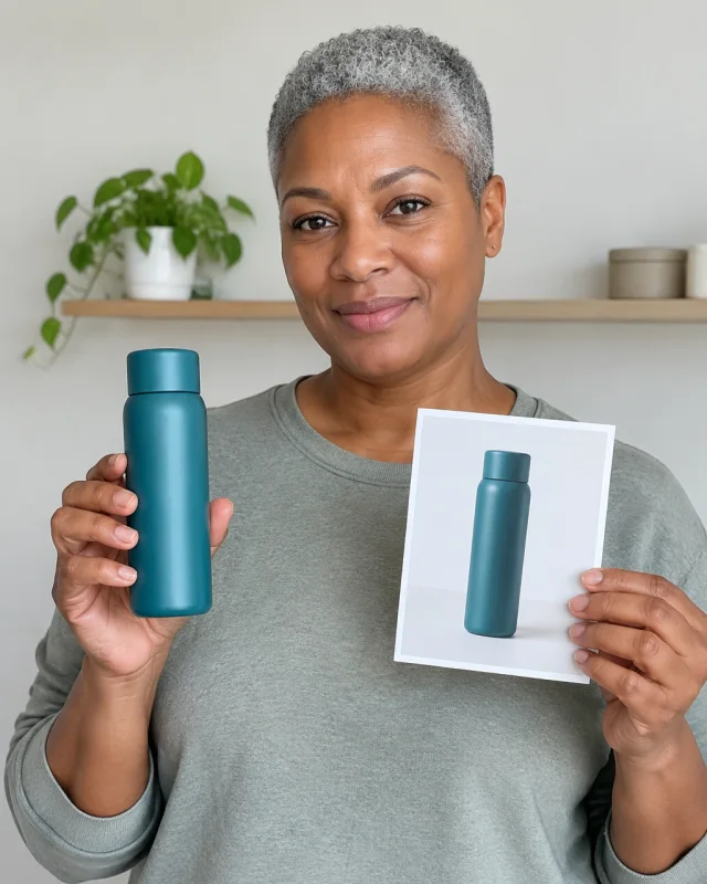 Woman with a short gray crop holds a matte teal bottle and a print of the same bottle.