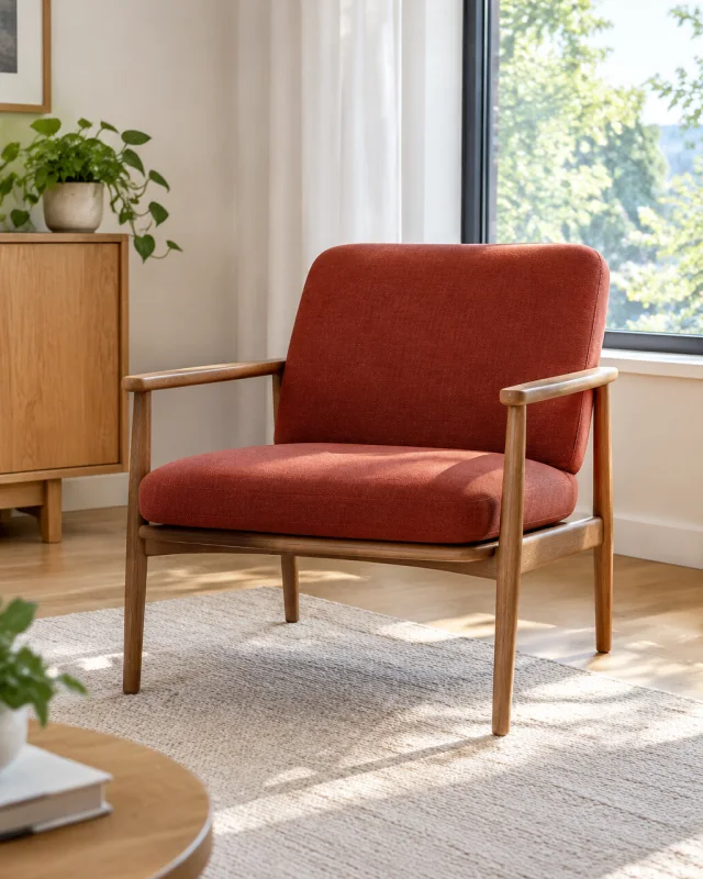 Rust-red lounge chair with a wood frame in a bright living room.
