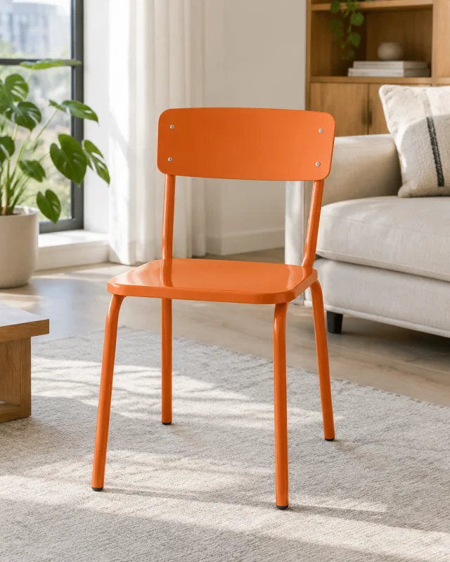 Orange metal dining chair in a bright living room.