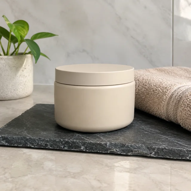 Beige jar with a lid on a dark slate tile beside a folded towel.